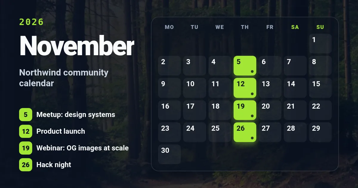Calendar month Open Graph image template rendered by Shareglint