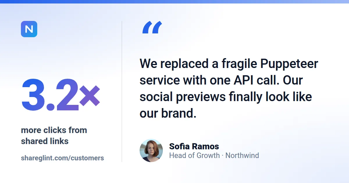 Case study / testimonial Open Graph image template rendered by Shareglint