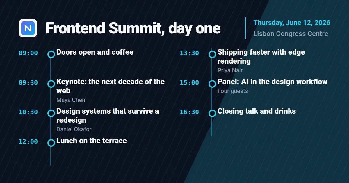 Event agenda Open Graph image template rendered by Shareglint