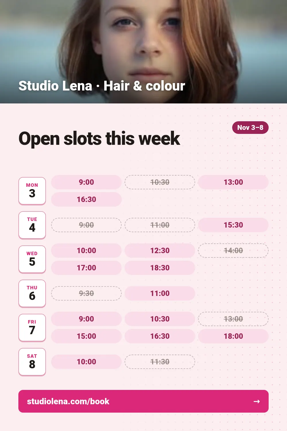 Booking slots template at pinterest size (1000×1500)
