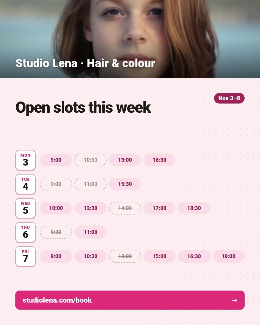 Booking slots template at portrait size (1080×1350)