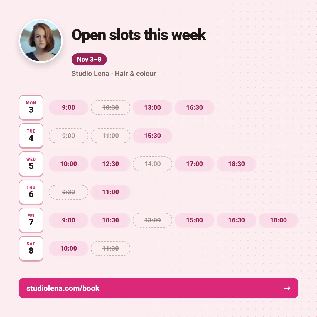 Booking slots template at square size (1080×1080)