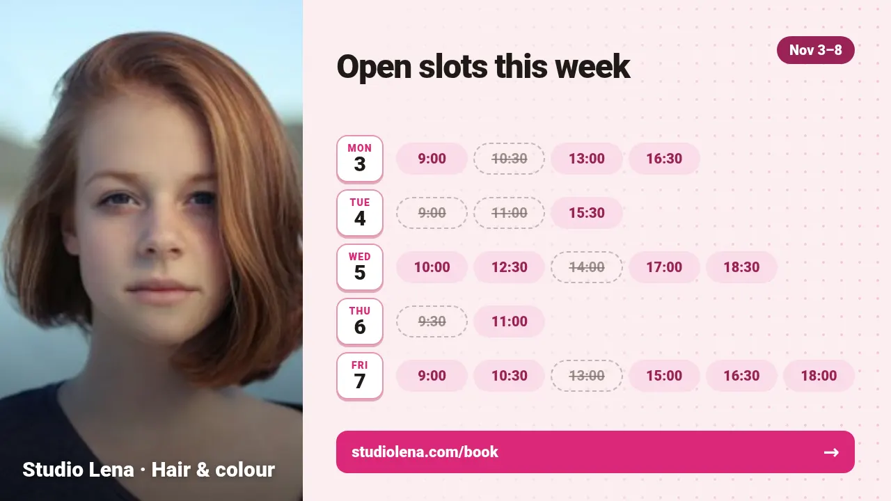 Booking slots template at youtube size (1280×720)