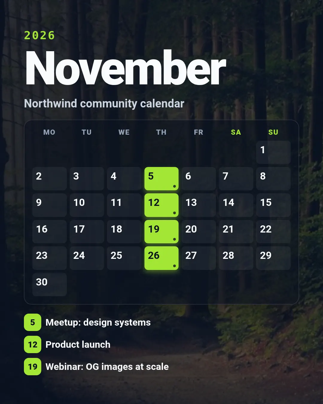 Calendar month template at portrait size (1080×1350)