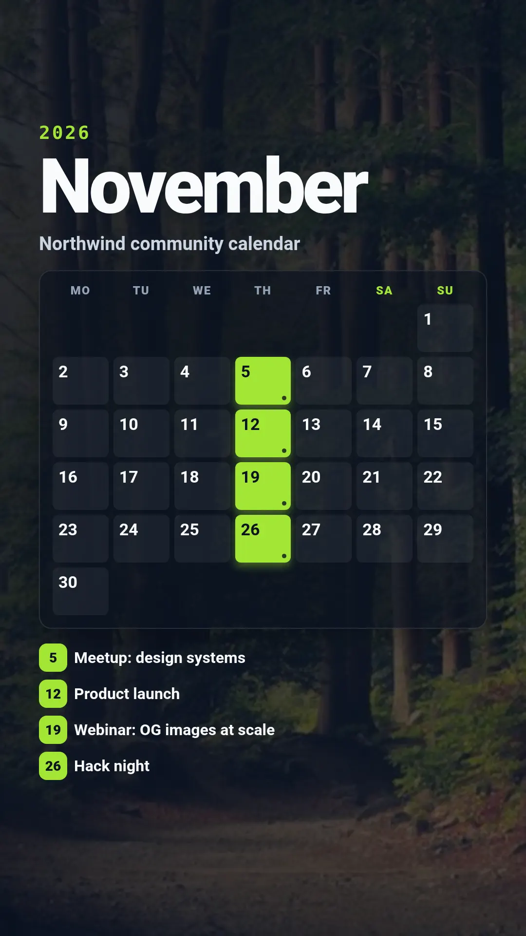 Calendar month template at story size (1080×1920)