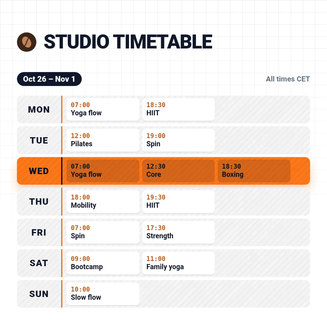 Weekly schedule template at square size (1080×1080)