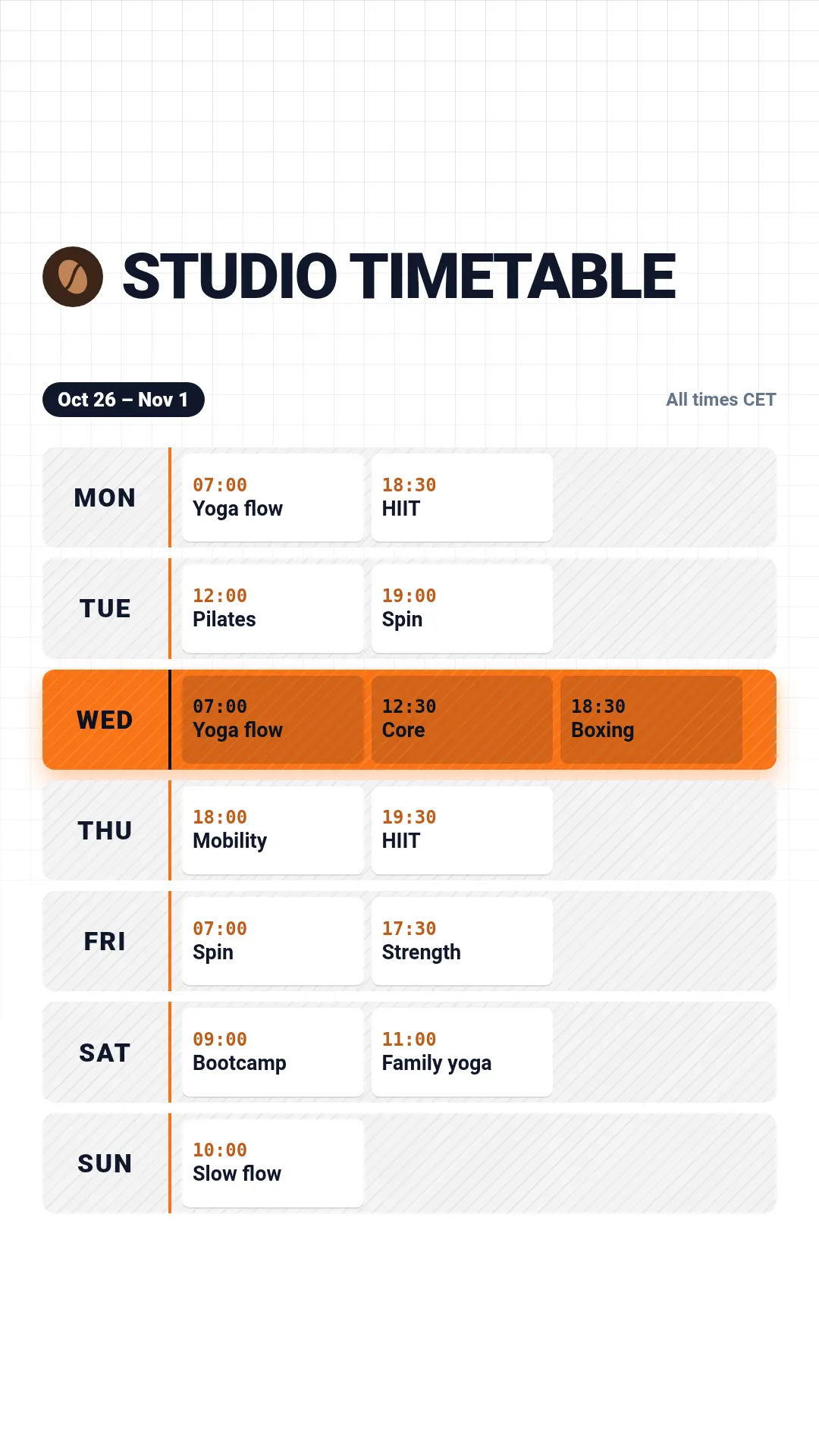 Weekly schedule template at story size (1080×1920)