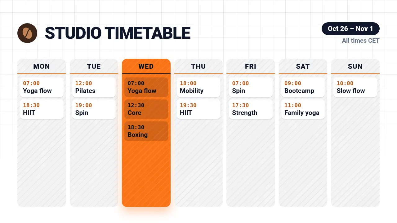 Weekly schedule template at youtube size (1280×720)
